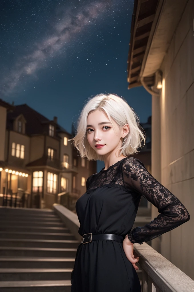 highest quality、masterpiece、超High resolution、(whole body,Realistic:1.3)、RAW Photos、(One girl,Small breasts), Beautiful Face, (Realistic Face,Detailed facial expressions,smile), (White Hair、short hair:1.3), Beautiful Hairstyles, Realistic eyes, Beautiful fine details, (Realistic Skin), Beautiful Skin, (Long sleeve dress,Stylish trendy fashion), Confused, charm, 超High resolution, Ultra-realistic, High resolution, Golden Ratio、Standing on the stairs,European cityscape,Mr.々Posing,Shooting from below,Beautiful starry sky,night