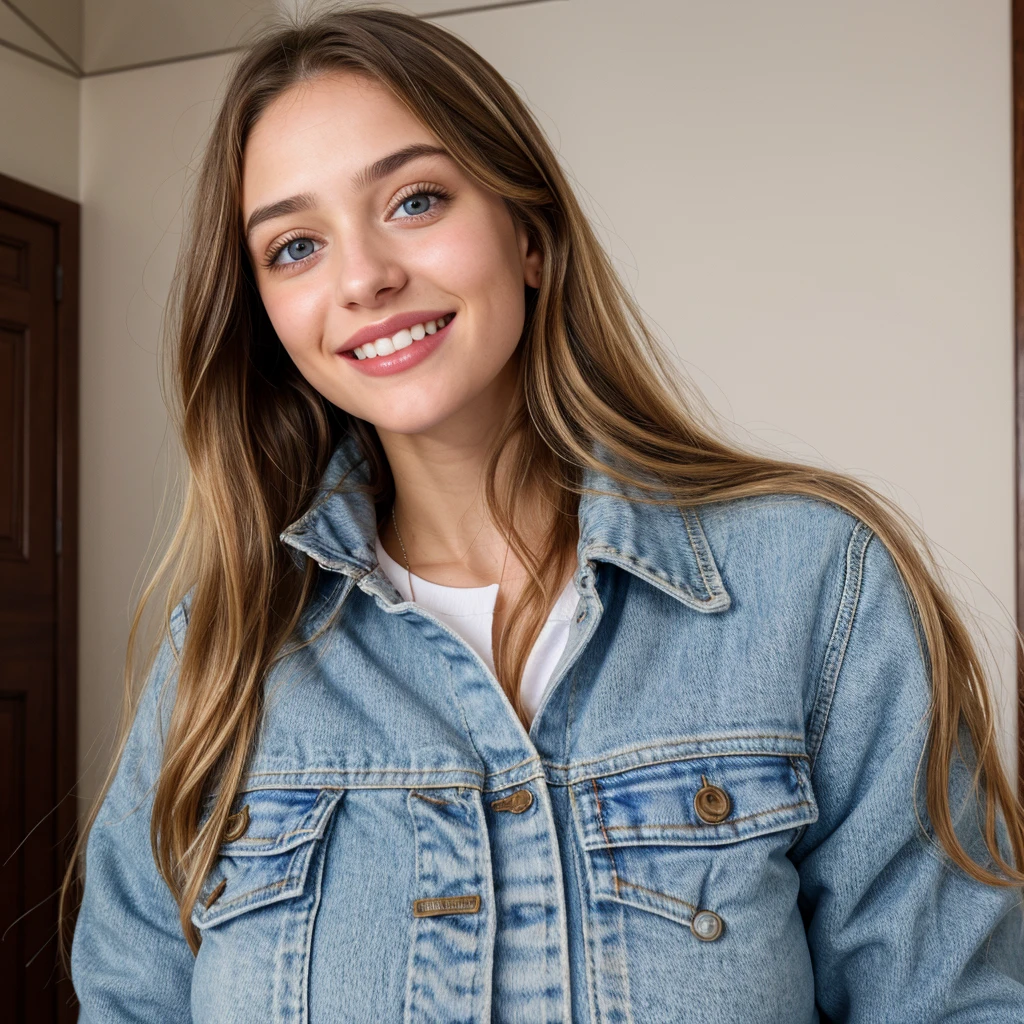 one cute women, 22YO, white, Arab, cute face, realistic brown eyes, blue jacket, blonde/brown hair, cute smile, skinny face, white realistic teethes, big eyes, long hair, no hands