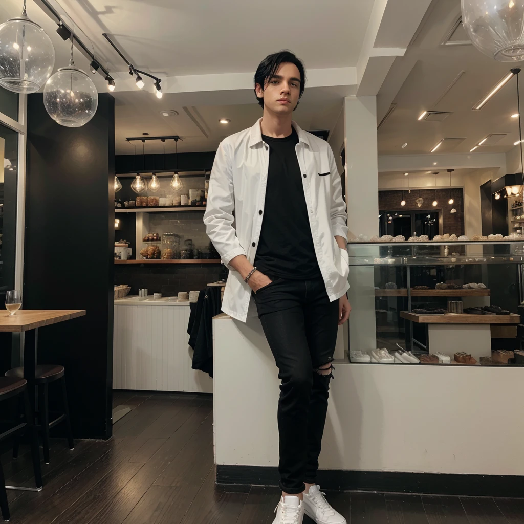 A white man with black hair wearing black jeans, a black shirt and a white jacket and he is wearing white shoes is standing in front of a restaurant with glass decorations.