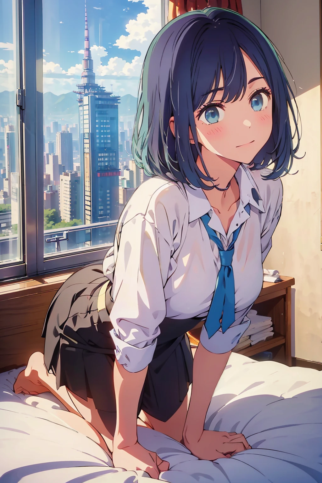highest quality,8k,detailed,F cup bust、Big Breasts、Very cute face、White shirt、Black Skirt、Blue tie、Beautiful thighs、Best Beautiful Legs、Slim and beautiful arms、Slim body、Very white beautiful skin、((((1 person、looking at the camera、smile、smile、In the background are the urban buildings of Tokyo、On all fours、Hotel room、On the bed))))、I can see the deep blue sky、The atmosphere is bright and lively、The woman is at the center of the image。