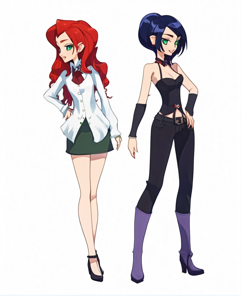 vampire fraternal twin young ladies.  one with long red hair, green eyes. the other with short black-blue hair and blue eyes. 