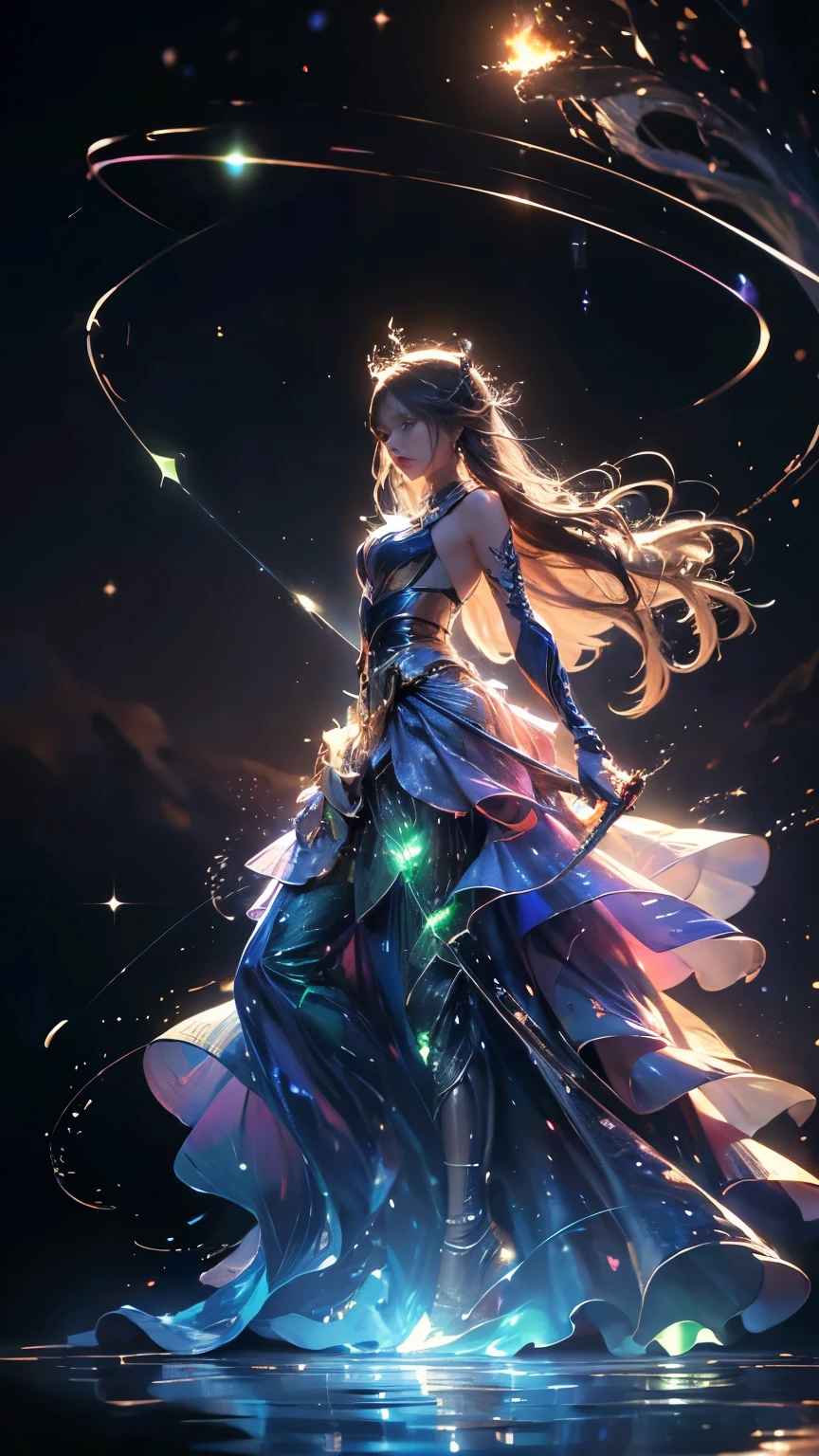 (8k, highest quality, masterpiece, final fantasy style: 1.2), (unRealistic, photoRealistic: 1.37), (one mage lady standing on lake side, huge bouncing bust, with sword with fire, Her sword shines into the heavens:1.1), Dreamy landscape, Fantasy, Unsurreal landscapes, Super detailed, Flying medieval castle, Floating Island in the Sky, Seven-colored swirl of light, (流星のMr.に空を舞う光り輝く尾の長い小鳥:1.3), Aurora, Intense lightning, milky way, Complex Light, Mr.々Colored light, Large Lake, Starry sky reflected on the lake surface, Countless shining stars, Meteors, Many meteors, Aura of, (A pillar of light emanated from the ground:1,2), 複雑な文Mr.の魔法陣,