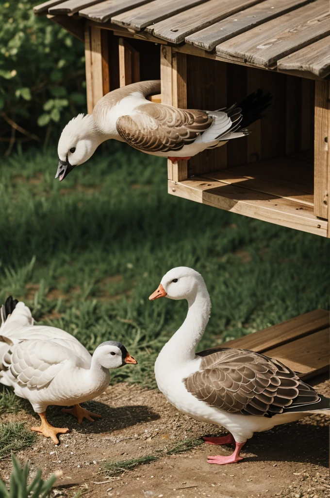 At the edge of a coop, a was seen playing with his goose