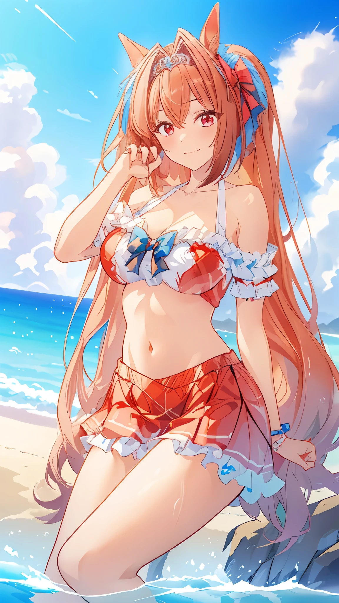 (((masterpiece, highest quality, High resolution, 超High resolution, Pixel perfect, Depth of written boundary, 4K, RTX, High resolution))), One girl, smile, Very large breasts, Brown Hair, Long Hair, Twin tails, (Red eyes:1), clavicle, belly button, Red Bikini, Frillsビキニ, Bikini Skirt, Swimwear, Frills, Beach,(Sexy), Beach, Ocean, blue sky, View Viewer, {{Very delicate and beautiful}}, Highly detailed CG Unity 8k wallpaper, (Shiny Hair:1.2), (Shiny skin:1.5),