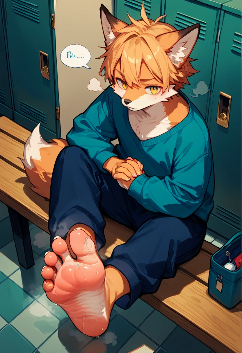 score_9,score_8_up,score_7_up,score_6_up,score_5_up,source_anime,source_furry,from above,fisheye,sitting and show foot,shanding and show sole,standing on one leg,foot focus,sole,barefoot,no shoes,  furry male, fox boy,paw_sloe,sharp_toenails, pawpads, naked, flaccid, foreskin, furry balls, (stinky feet:1.3)