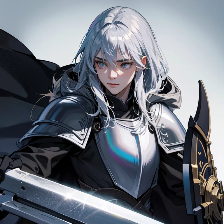 Young paladin in black armor,Silver Wolf Cloak,holding a long ax and shield