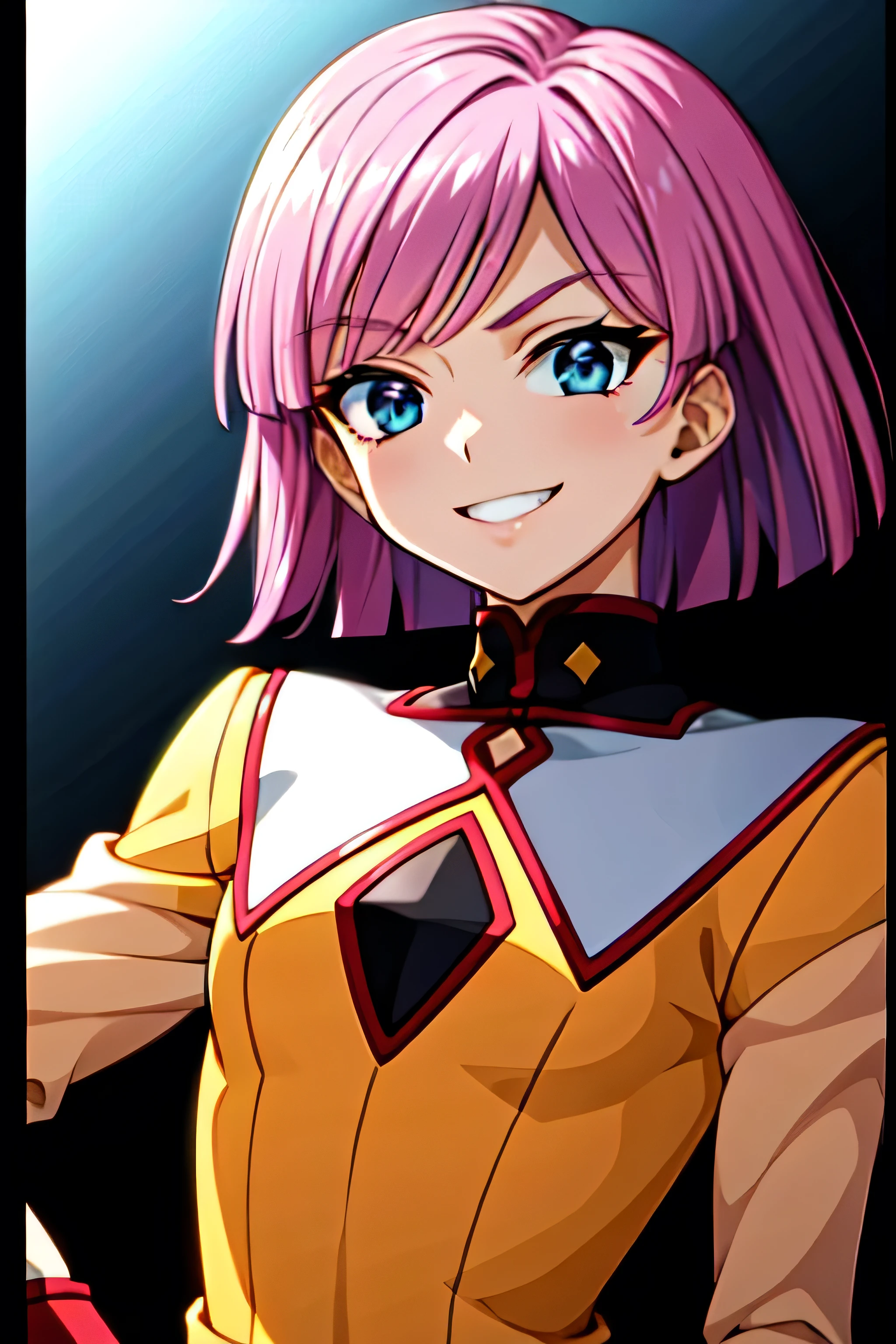 (best_quality 4K, 8K, High resolution, Masterpiece: 1.2), ultra detailed),from_below,(anime_screencap),(1girl,solo),dynamic_angle,too evil_smile,too evil laugh at,tis,deep dark_face,too sadistic,smile worst,,bob short hair,,,looking at viewer,upper body,black background,