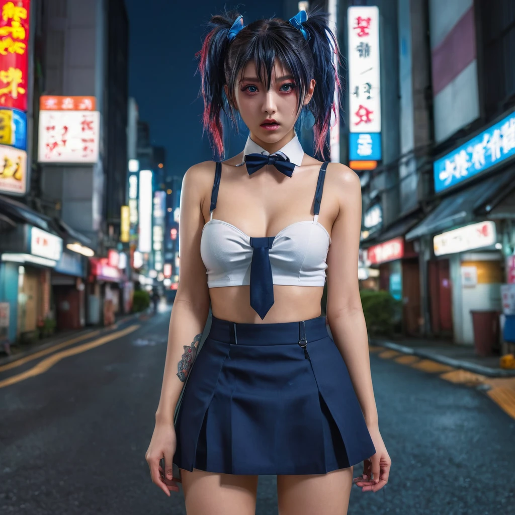 (8k, RAW photo, masterpiece:1.3), (realistic, photo-realistic:1.37), (night), (looking at viewer:1.331), (bloody hair), posing, Tokyo street, nightcityscape, cyberpunk city, soft light,  girl, extremely beautiful face,  on face, bust, put down hands, Random hairstyle, Random expression, big eyes, lower abdomen, (), JK_style, (dark blue short JK_skirt), (bow JK_tie), mix4., best quality, facial 