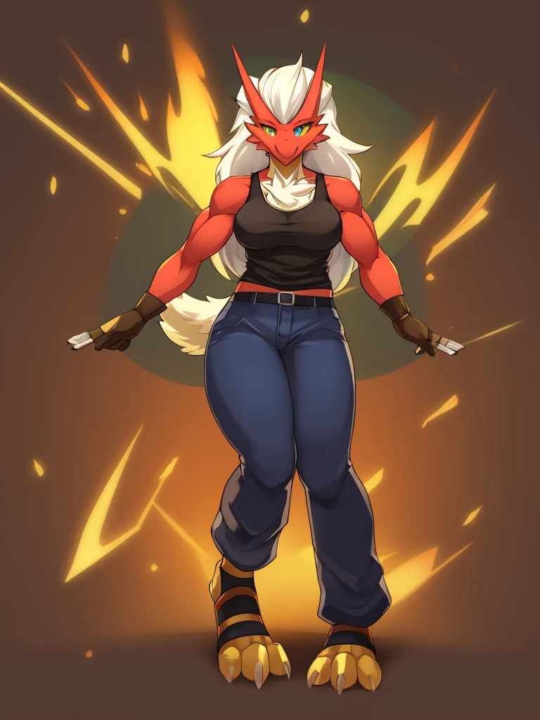 [blaziken], (mayosplash), (wamudraws)], ((masterpiece)), ((HD)), ((solo portrait)), ((front view)), ((furry; anthro)), ((detailed shading)), ((beautiful render art)), ((intricate details)), {anthro; red feathers, red beak, (yellow talon feet), (long white hair), cute teal eyes, (yellow sclera), (half-closed eyes), (medium boobs), (defined muscles), (beautiful feet), (clothing, topwear: tanktop, handwear:(cloth wrap), bottomwear:(pants:black) footwraps, stirrup footwear)),{(standing), (dynamic pose)}