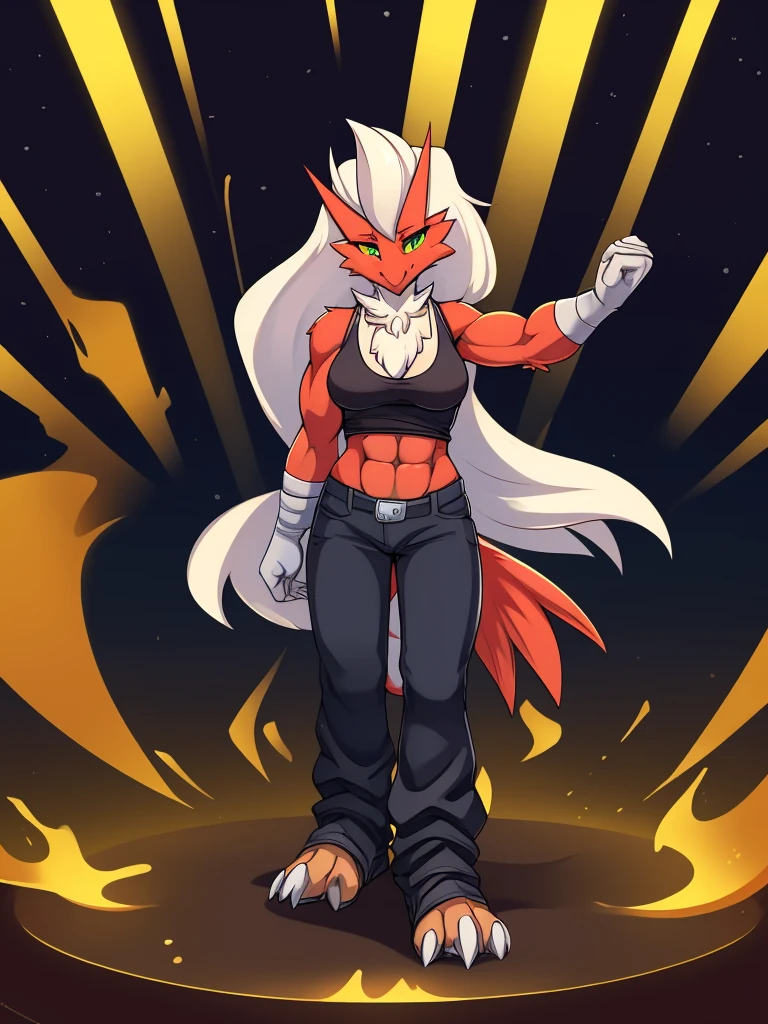 [blaziken], (mayosplash), (wamudraws)], ((masterpiece)), ((HD)), ((solo portrait)), ((front view)), ((furry; anthro)), ((detailed shading)), ((beautiful render art)), ((intricate details)), {anthro; red feathers, red beak, (yellow talon feet), (long white hair), cute teal eyes, (yellow sclera), (half-closed eyes), (medium boobs), (defined muscles), (beautiful feet), (clothing, topwear: tanktop, handwear:(cloth wrap), bottomwear:(pants:black) footwraps, stirrup footwear)),{(standing), (dynamic pose)}