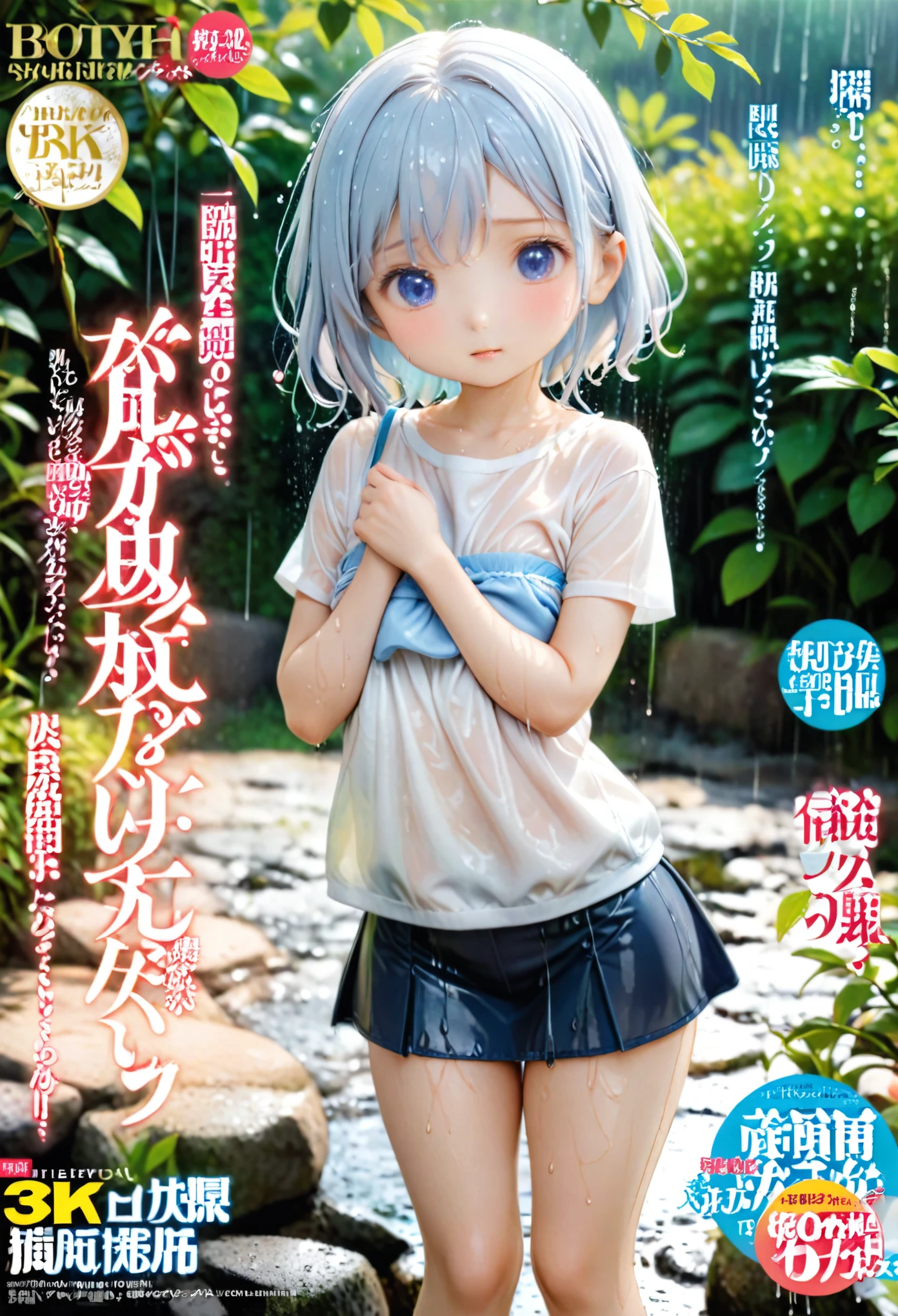 Magazine cover(masterpiece, best quality:1.2), girl,shy((Wet clothes))Short skirt,underwear,outdoor,rain(8K)(HD)