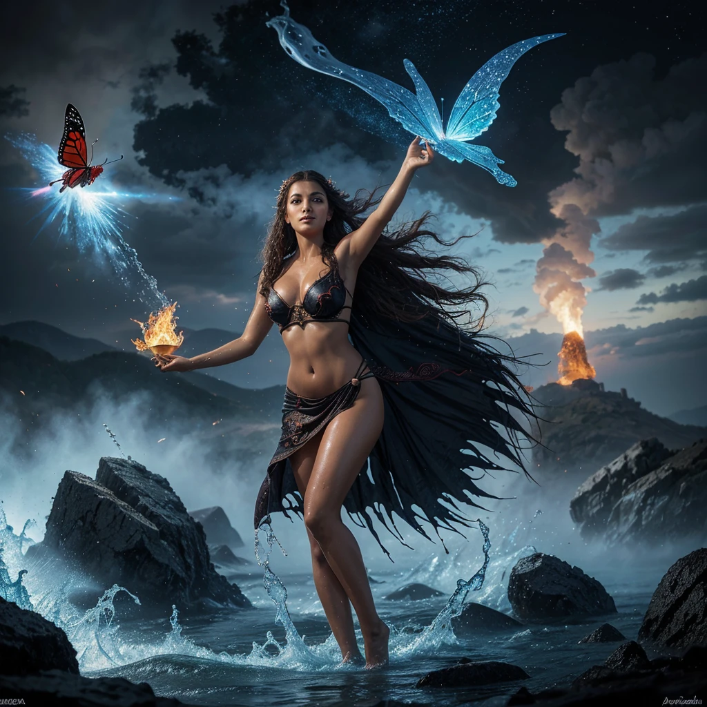 uma mulher com um vestido com asas de fogo e borboletas voando ao seu redor, the butterfly Deusa do fogo, com asas azuis de agua of wather, com asas douradas de fogo, appears as the Deusa da agua, asas, Deusa da agua, Asas de agua, amazing fantasy art, very bela arte de fantasia, bela arte de fantasia, Deusa da agua deusa da raiva, breathtaking fantasy art, hot Deusa da agua