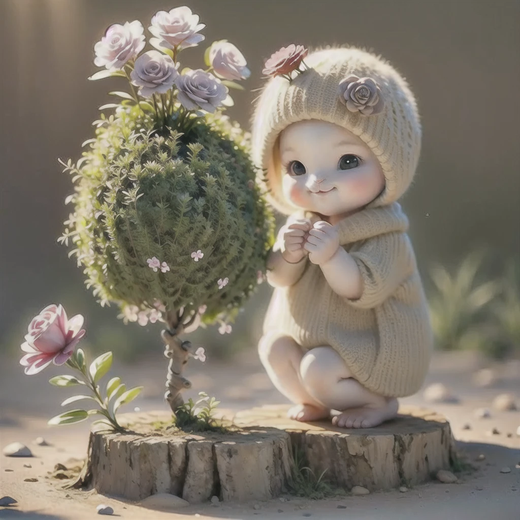 holding bible, tree_stump, flowers, photorealistic, soft lighting,