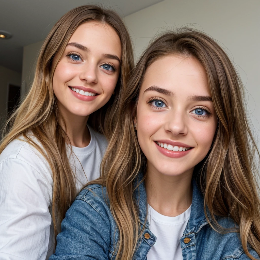 one cute women, 22YO, white, Arab, cute face, realistic brown eyes, blue jacket, blonde/brown hair, cute smile, skinny face, white realistic teethes, big eyes, long hair