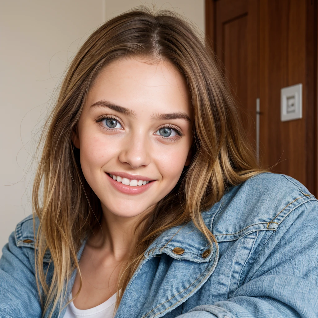 one cute women, 22YO, white, Arab, cute face, realistic brown eyes, blue jacket, blonde/brown hair, cute smile, skinny face, white realistic teethes, big eyes, long hair