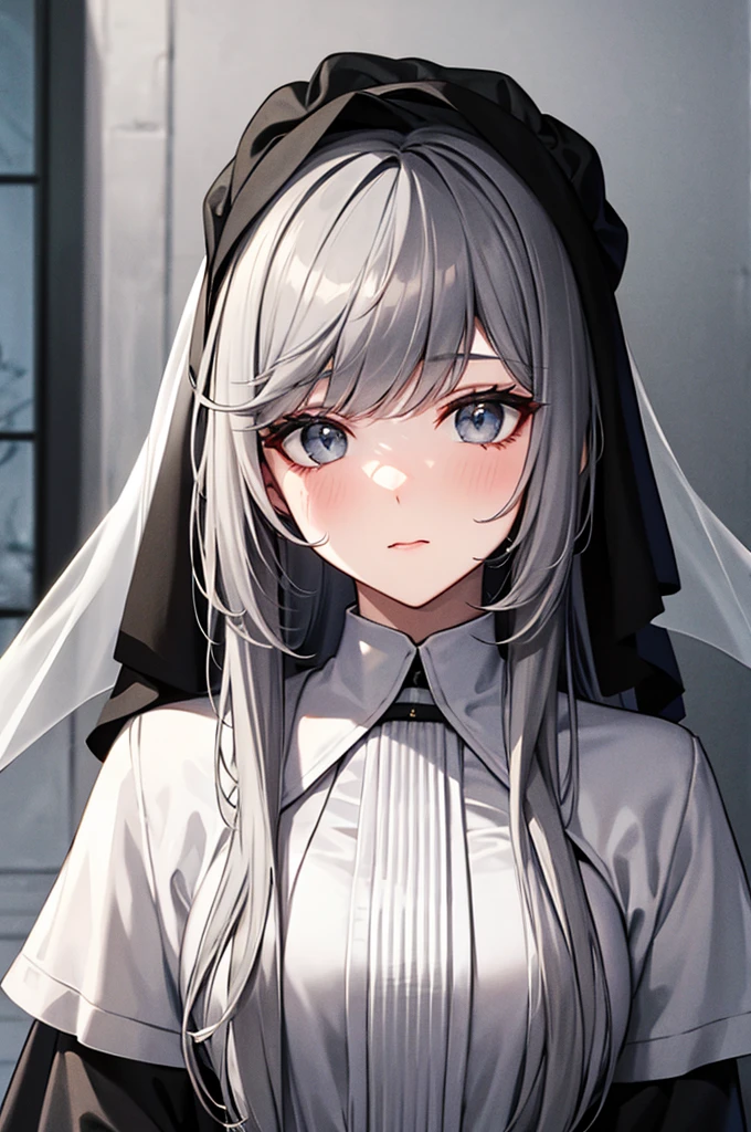 Veil on head, Grey Veil, Gray Hair, Grey White, Gubes&#39;s art style, Arrogant and indifferent girl, Half-squinted, White eyes玉, White eyes, National style, Off-white