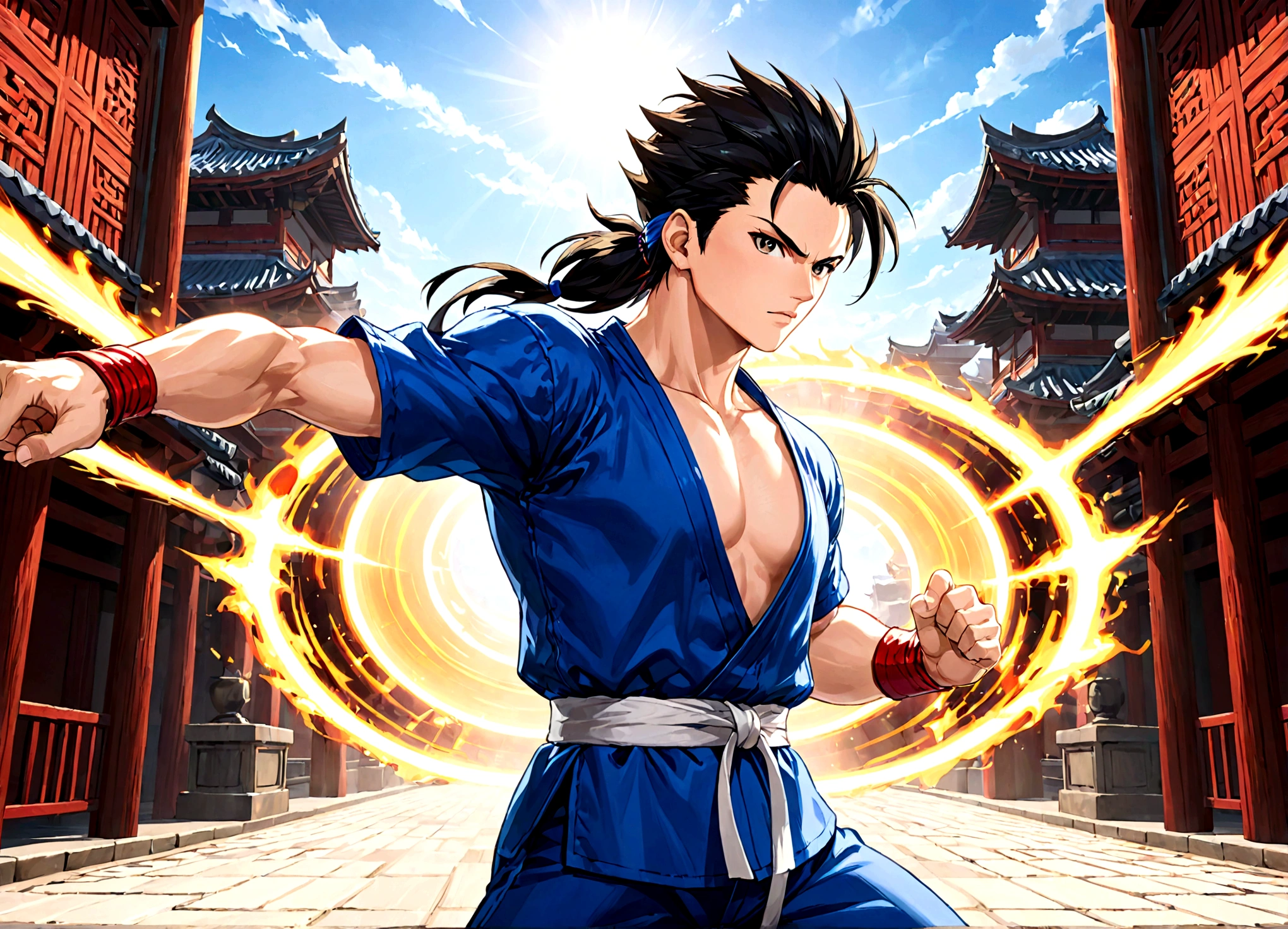 warrior, the blue kimono, athletic body, karate master, dragonball z style