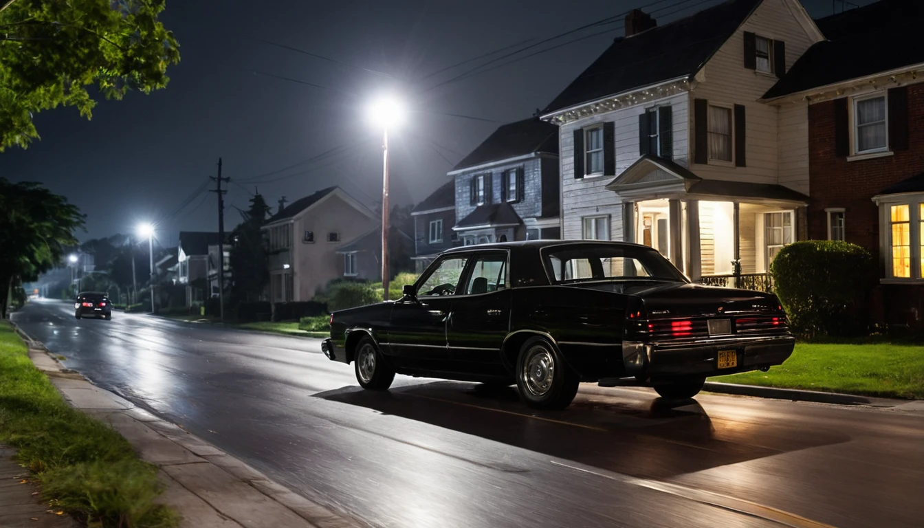 black car driving down the street, several houses, ominous night