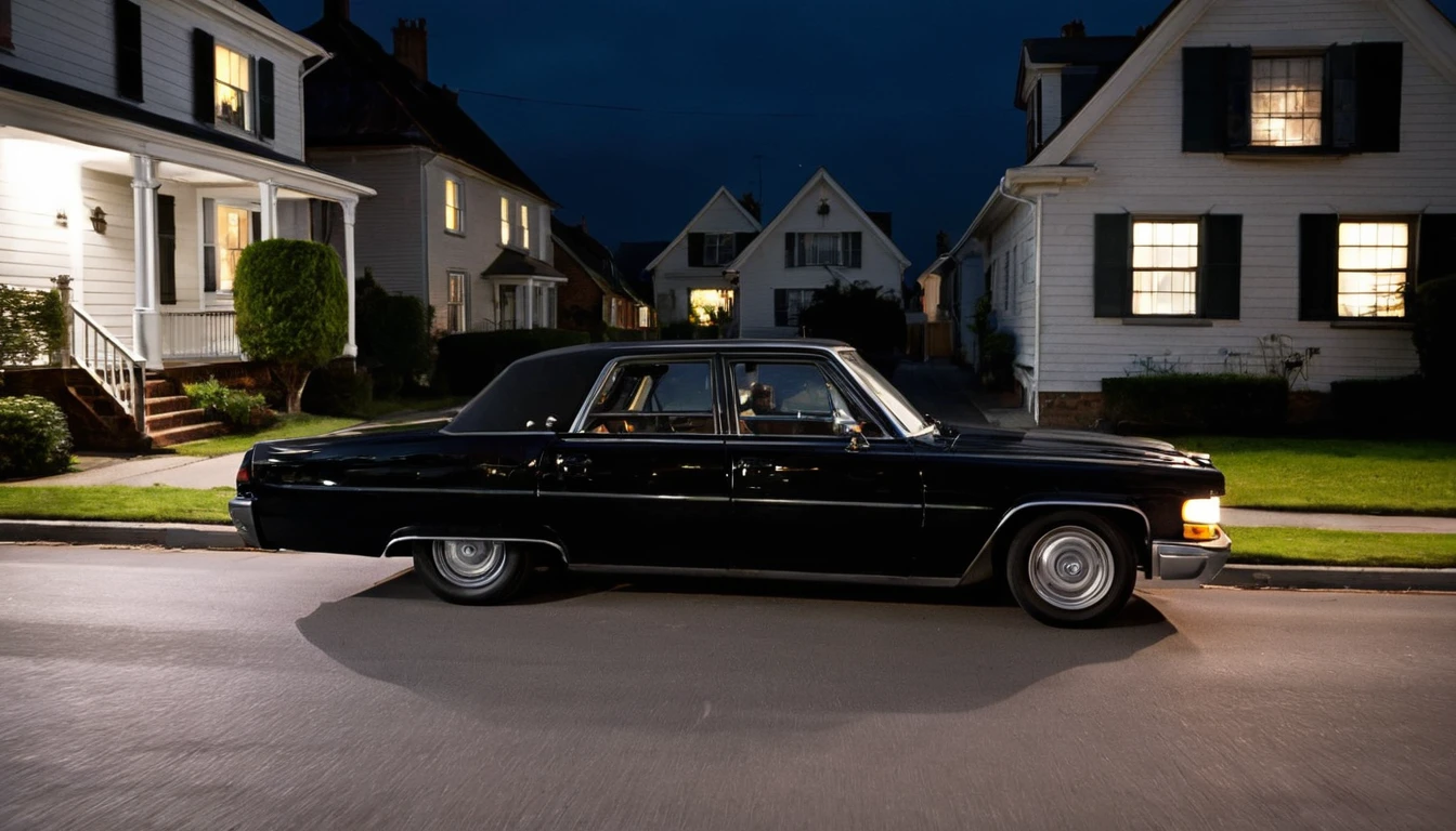 As Alex arrives at the cemetery in his black taxi, a figure emerges from the shadows. She is dressed in a flowing white gown, her eyes luminous and filled with sadness. Create a scene where Alex describes his passenger's appearance and the eerie atmosphere that surrounds her. The scene should be Alex inside the taxi looking out the car window