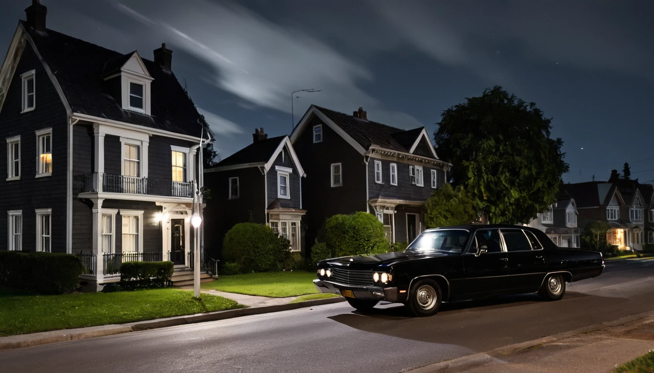 black car driving down the street, several houses, ominous night