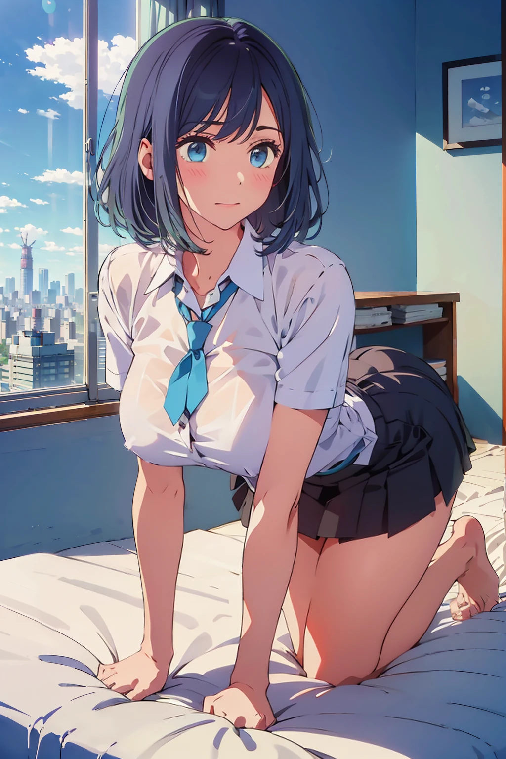 highest quality,8k,detailed,F cup bust、Big Breasts、Very cute face、White shirt、Black Skirt、Blue tie、Beautiful thighs、Best Beautiful Legs、Slim and beautiful arms、Slim body、Very white beautiful skin、((((1 person、looking at the camera、smile、smile、In the background are the urban buildings of Tokyo、On all fours、Hotel room、On the bed))))、I can see the deep blue sky、The atmosphere is bright and lively、The woman is at the center of the image。