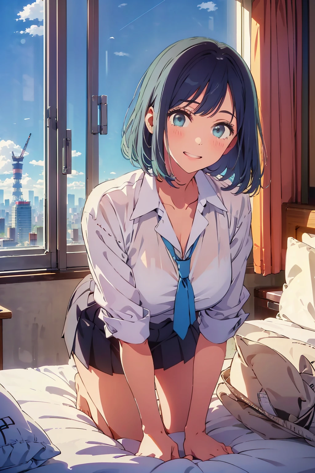 highest quality,8k,detailed,F cup bust、Big Breasts、Very cute face、White shirt、Black Skirt、Blue tie、Beautiful thighs、Best Beautiful Legs、Slim and beautiful arms、Slim body、Very white beautiful skin、((((1 person、looking at the camera、smile、smile、In the background are the urban buildings of Tokyo、On all fours、Hotel room、On the bed))))、I can see the deep blue sky、The atmosphere is bright and lively、The woman is at the center of the image。