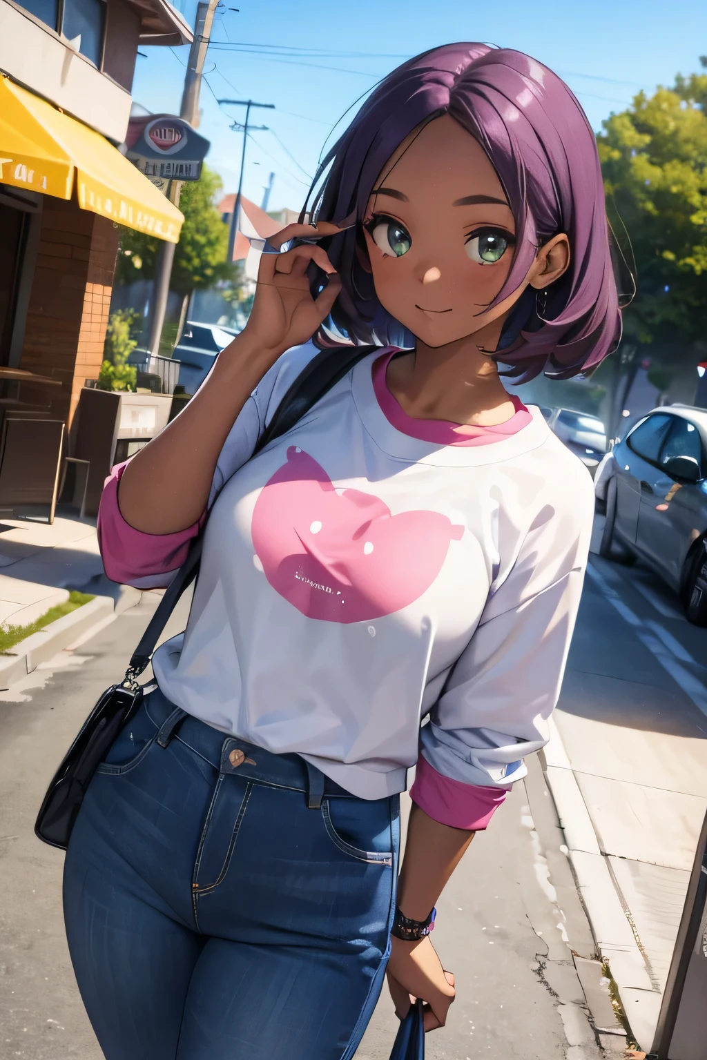 1 girl, single girl, cute, dark skin, tanned skin, short purple hair, green eyes, chubby, big breasts, pink sweatshirt, blue pants, in college, high school class