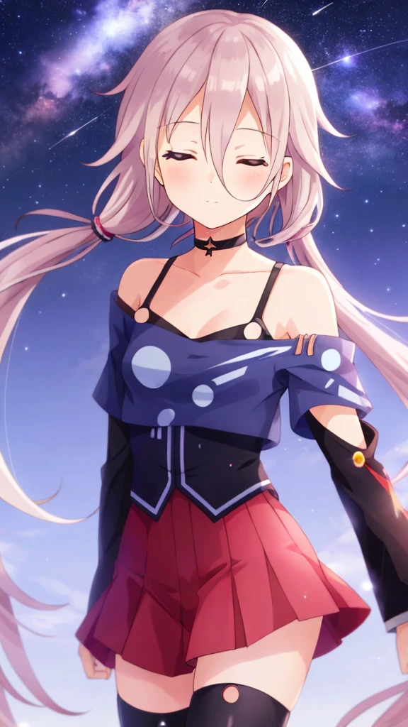 one girl, IA, Vocaloid, CeVIO AI, black shirt, off shoulder, choker, beauty, starry sky, mysterious girl, close to girl, Aria on the Planetes, slender, cool, cowboy shot, pray for stars, zettai ryouiki, close eyes