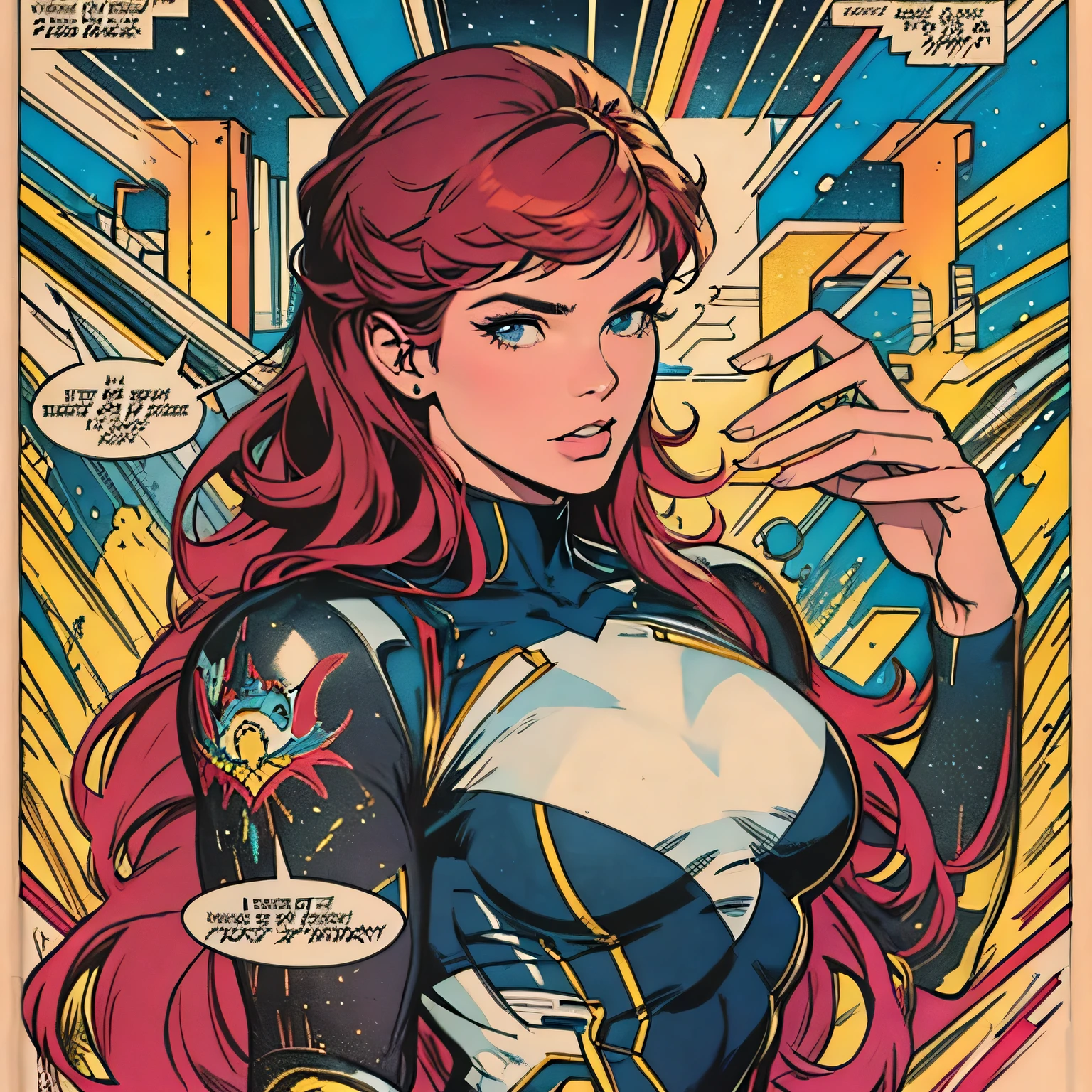 masterpiece,extremely beautiful woman,Excellent sense,cleavage,(((perfect very white background))),American Comics,(((The Perfect One Woman))),speech bubble,strongest,(((one person))),colorful,Rainbow-colored,Highly detailed upper body,breast enhancement,Lines,highly detailed face,SF,