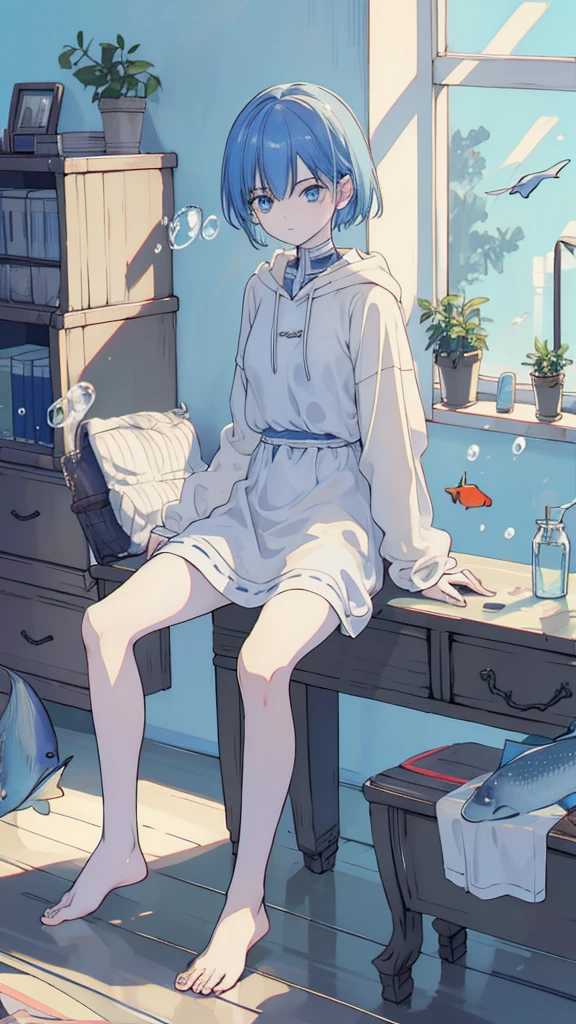 jars, a Libido boy, solo, ((The upper part of the body)), Libido boy, Alone, malefocus, looking at viewert, The upper part of the body, depth of fields, Clear lines, , Himmel_Soso_The No_Frilen, Blue hair, eBlue eyes, in jars, cute big breasts、smallest, small, A piece of, longer sleeves, sitted, The barefoot, Indoors, bare-legged, desks, knees, desk work, (The fish, airbubble, Under water, airbubble),
