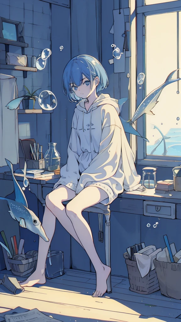 jars, a Libido boy, solo, ((The upper part of the body)), Libido boy, Alone, malefocus, looking at viewert, The upper part of the body, depth of fields, Clear lines, , Himmel_Soso_The No_Frilen, Blue hair, eBlue eyes, in jars, cute big breasts、smallest, small, A piece of, longer sleeves, sitted, The barefoot, Indoors, bare-legged, desks, knees, desk work, (The fish, airbubble, Under water, airbubble),
