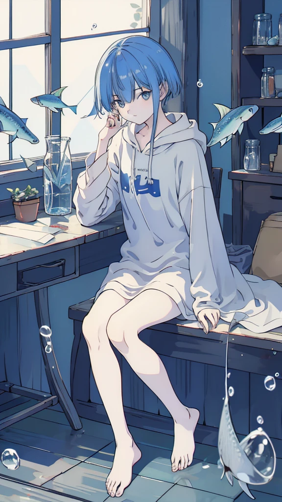 ((((jar))))、a boy with, ((Full body female love)), Wendi (Genshin Impact),black hair color hair, green eyes, ((jar里))、Lovely、最small, small, piece, long sleeve, sitting, barefoot, indoors, barefoot, table, knee, desk work, (fish, bubble, under water, bubble),