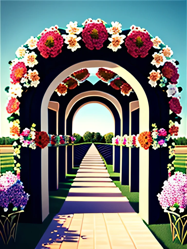 Create a background featuring a stage set up in the middle of a large field, with decorative arches, flowers, and a pathway leading to the stage, surrounded by graduates and their families