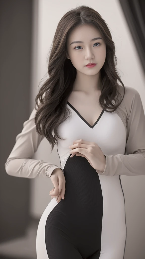 ((Best quality，High Detail，Focus accurately，masterpiece:1.5)), 18 years old perfect girl，Spandex one-piece tights，Spandex jumpsuit，Exquisite appearance，Clear facial details，Medium breasts，Long hair，Perfect body