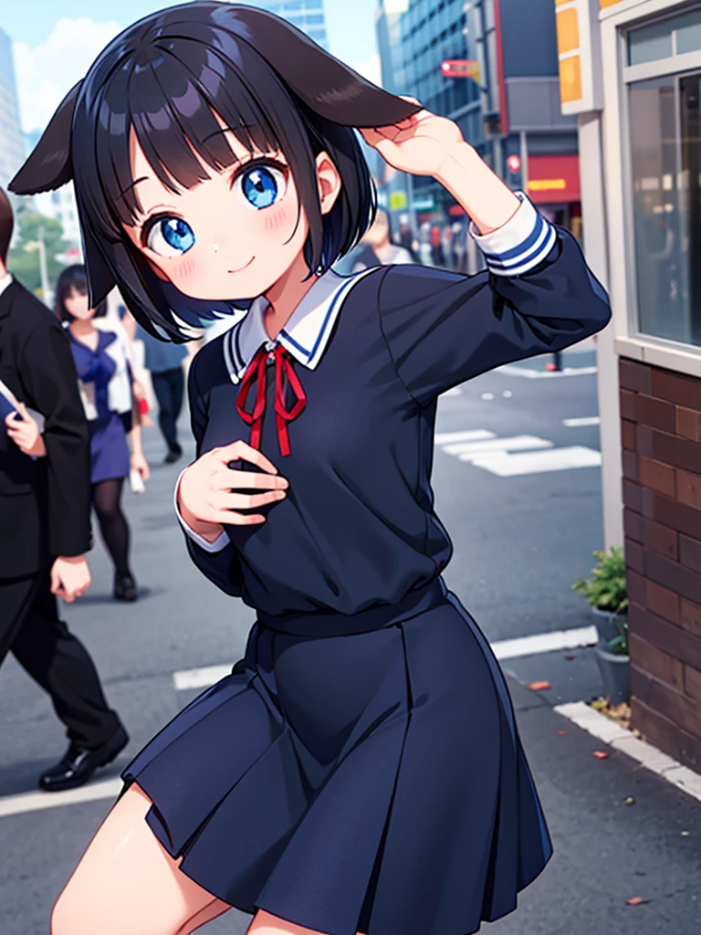 Short black hair Adult female　Dog Ears　Dark blue colored eyes　A student wearing a navy blue sailor uniform with a red ribbon　In the city　smile　Chest up up