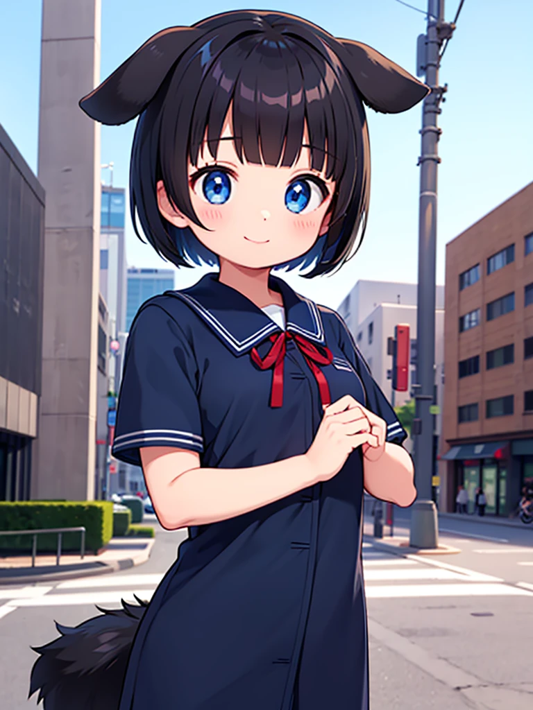 Short black hair Adult female　Dog Ears　Dark blue colored eyes　A student wearing a navy blue sailor uniform with a red ribbon　In the city　smile　Chest up up