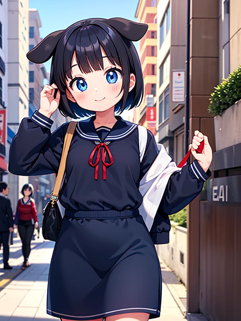 Short black hair Adult female　Dog Ears　Dark blue colored eyes　A student wearing a navy blue sailor uniform with a red ribbon　In the city　smile　Chest up up