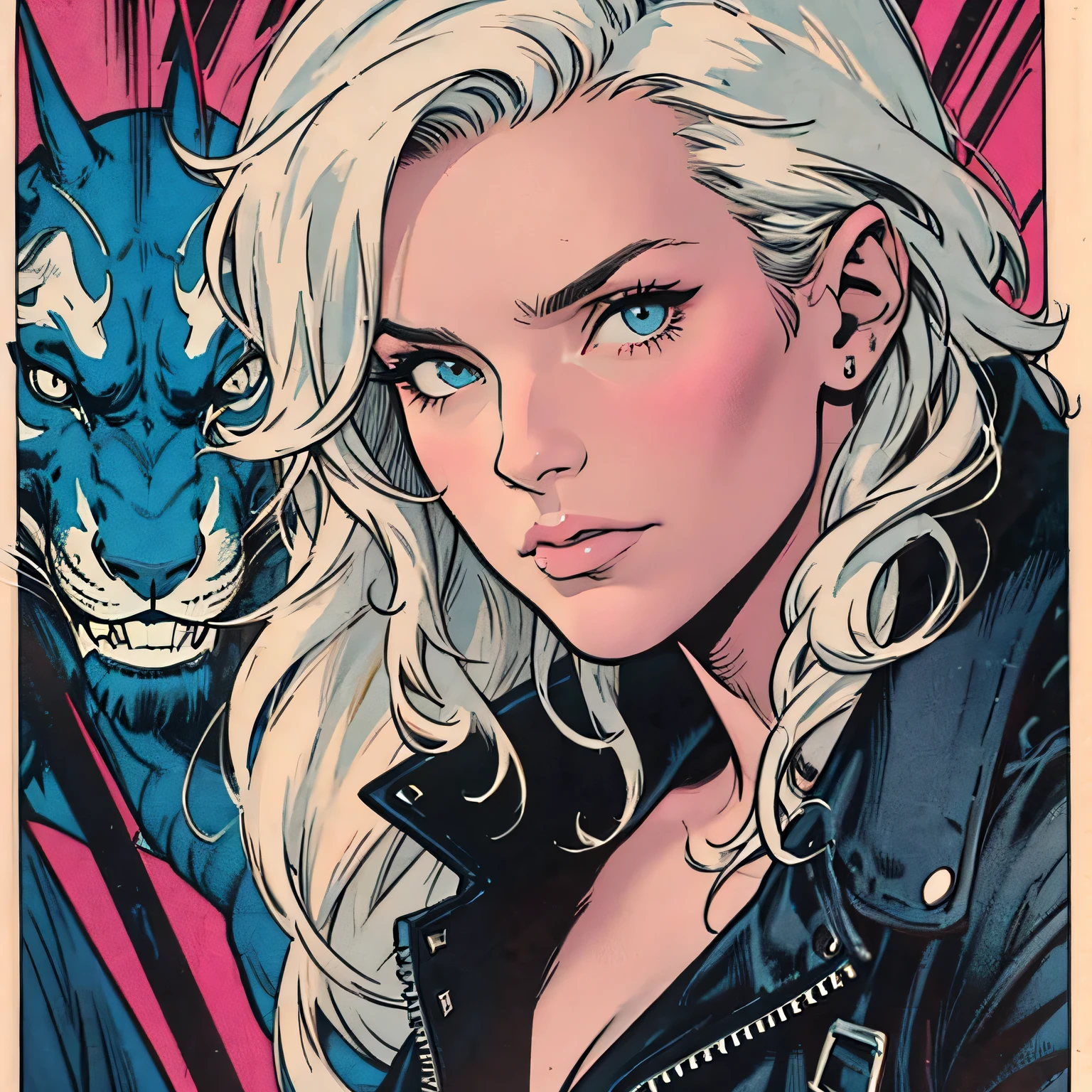 graphic novel style, pen and ink, high contrast, deep shadows, flat colors, close up of beautiful young woman with short spiky white hair, face deep in shadow, looking to the side, ripped blue jeans, dark brown leather jacket, white tee shirt, neon lights, in the style of Johnny Romita