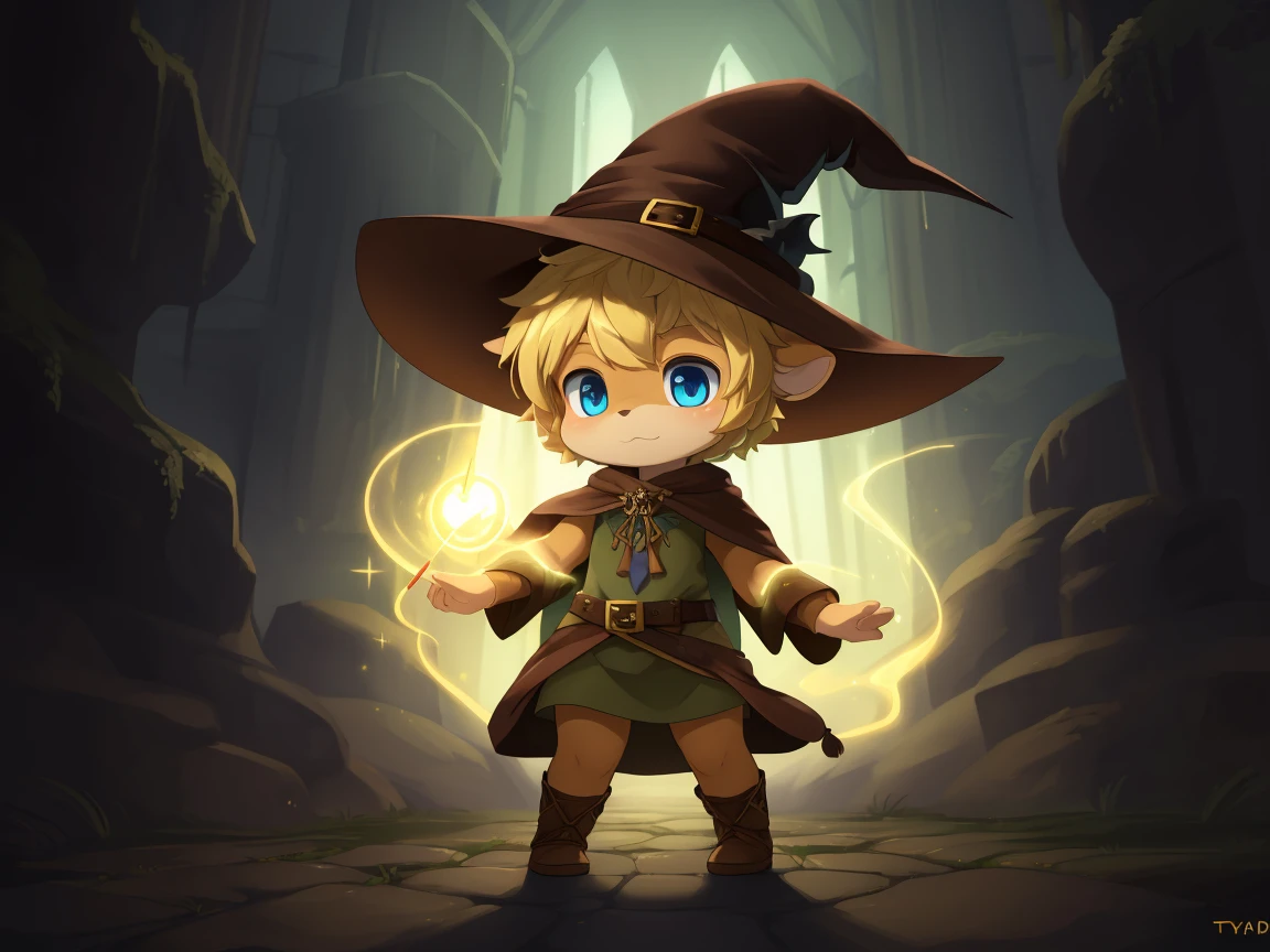 deer, solo, young, cub, chibi, (blue eyes), ((large witch hat)), ((brown hat)), ((brown cloak)), (long green tunic), (blonde hair), (short hair), short deer tail. ((light brown body)), (short brown antlers), short snout, ((((casting magic)))), magic, epic pose. dark dungeon background. Very good figure, best quality, highres, 16k, Natural soft light, Tyndall effect, Advanced film lighting, Unreal Engine5, Extremely realistic, A high resolution, perfect masterpiece, high quality, high resolution