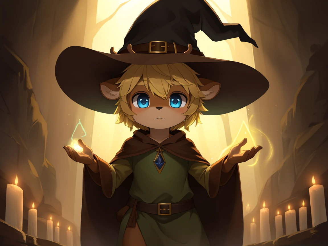 deer, solo, young, cub, chibi, (blue eyes), ((large witch hat)), ((brown hat)), ((brown cloak)), (long green tunic), (blonde hair), (short hair), short deer tail. ((light brown body)), (short brown antlers), short snout, ((((casting magic)))), magic, epic pose. dark dungeon background. Very good figure, best quality, highres, 16k, Natural soft light, Tyndall effect, Advanced film lighting, Unreal Engine5, Extremely realistic, A high resolution, perfect masterpiece, high quality, high resolution