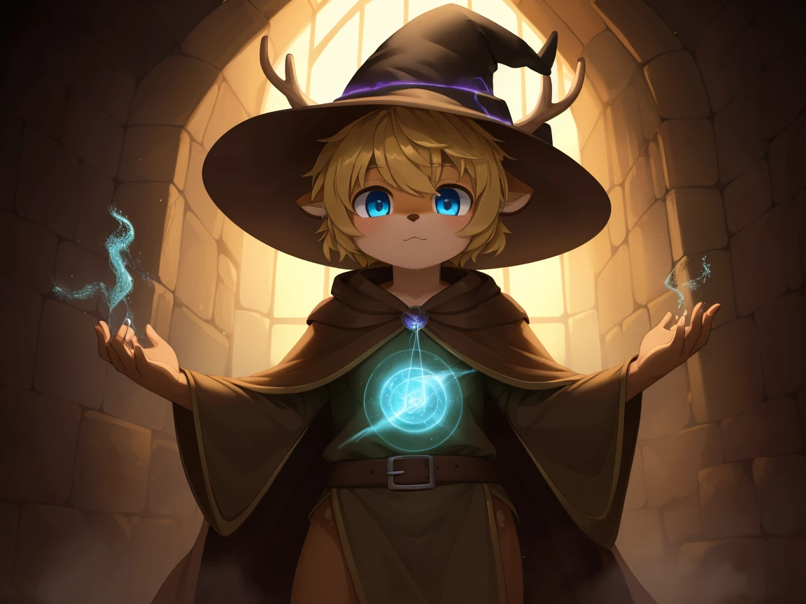 deer, solo, young, cub, chibi, (blue eyes), ((large witch hat)), ((brown hat)), ((brown cloak)), (long green tunic), (blonde hair), (short hair), short deer tail. ((light brown body)), (short brown antlers), short snout, ((((casting magic)))), magic, epic pose. dark dungeon background. Very good figure, best quality, highres, 16k, Natural soft light, Tyndall effect, Advanced film lighting, Unreal Engine5, Extremely realistic, A high resolution, perfect masterpiece, high quality, high resolution
