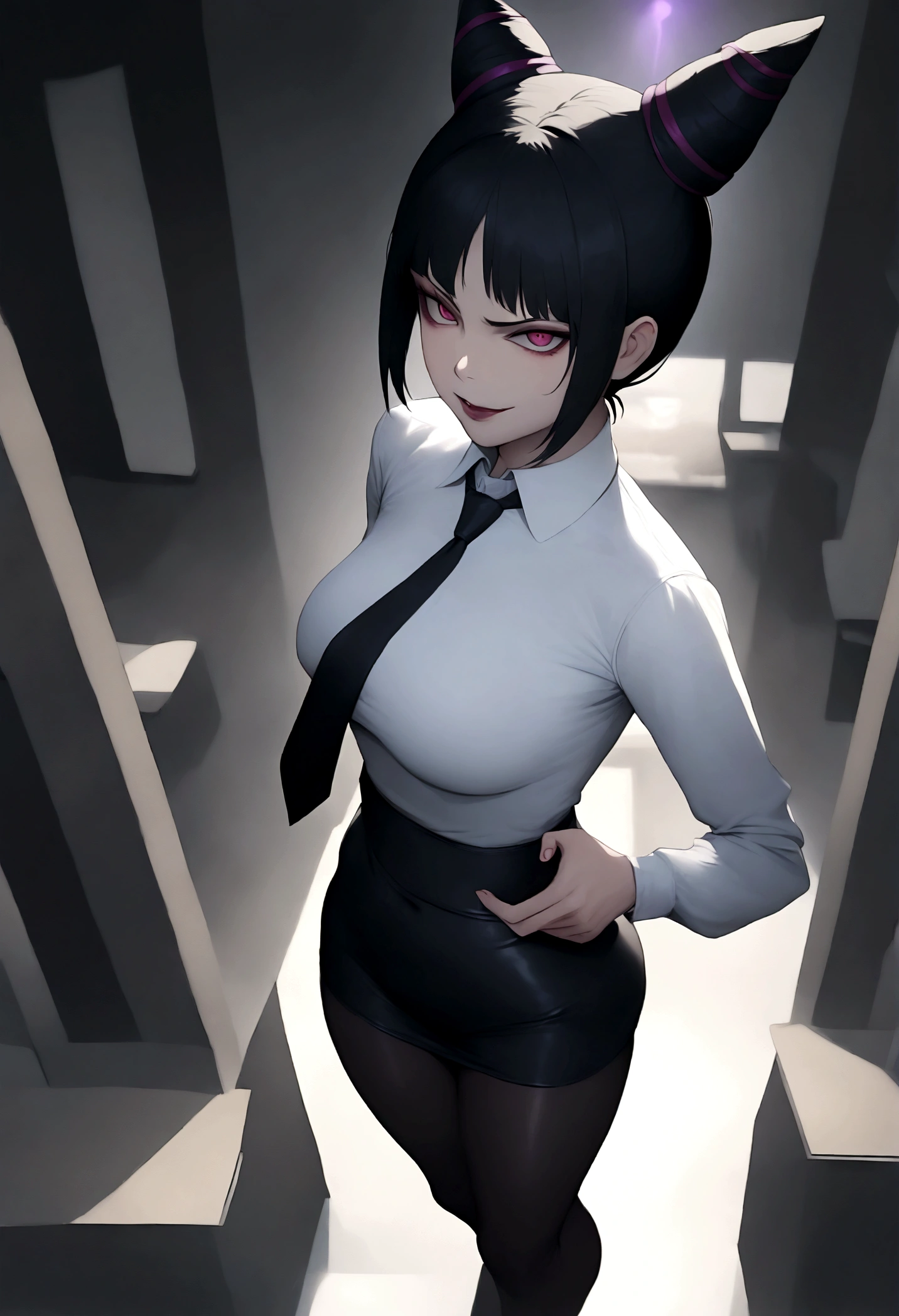 juri han, work of art, tight white secretary shirt with black tie, black high waist skirt, short skirt,stocking, black hair, black tights,evil smile,office,franja nos olhos,lighting,chifre de cabelos,view from above,olhando para cima
