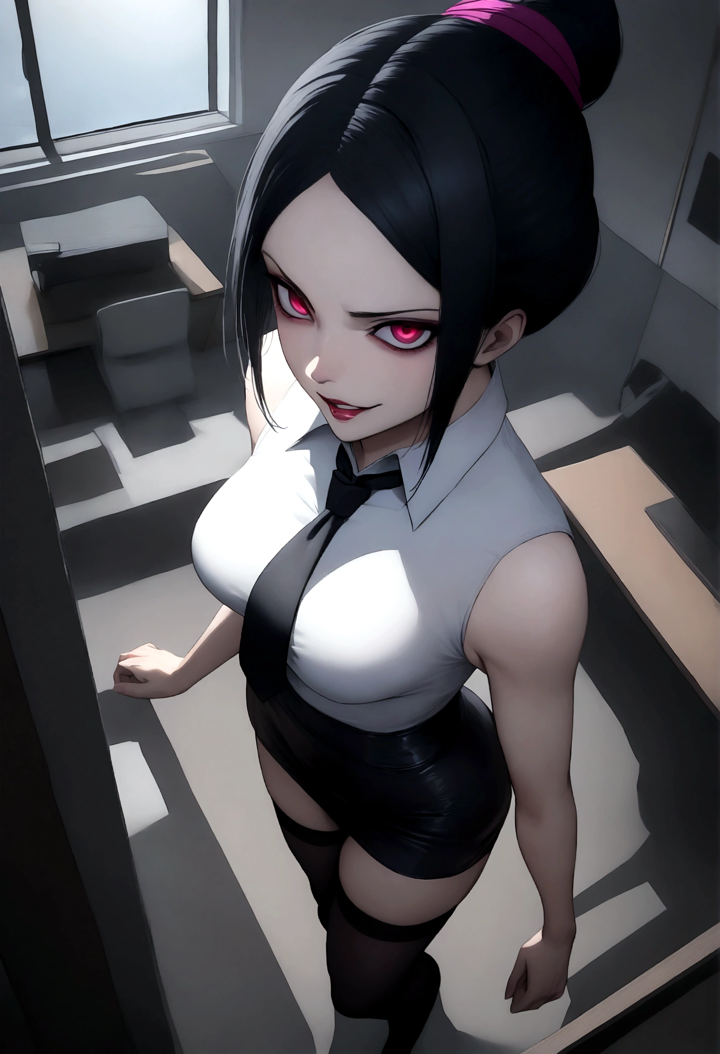 juri han, work of art, tight white secretary shirt with black tie, black high waist skirt, short skirt,stocking, black hair, black tights,evil smile,office,franja nos olhos,lighting,chifre de cabelos,view from above,olhando para cima
