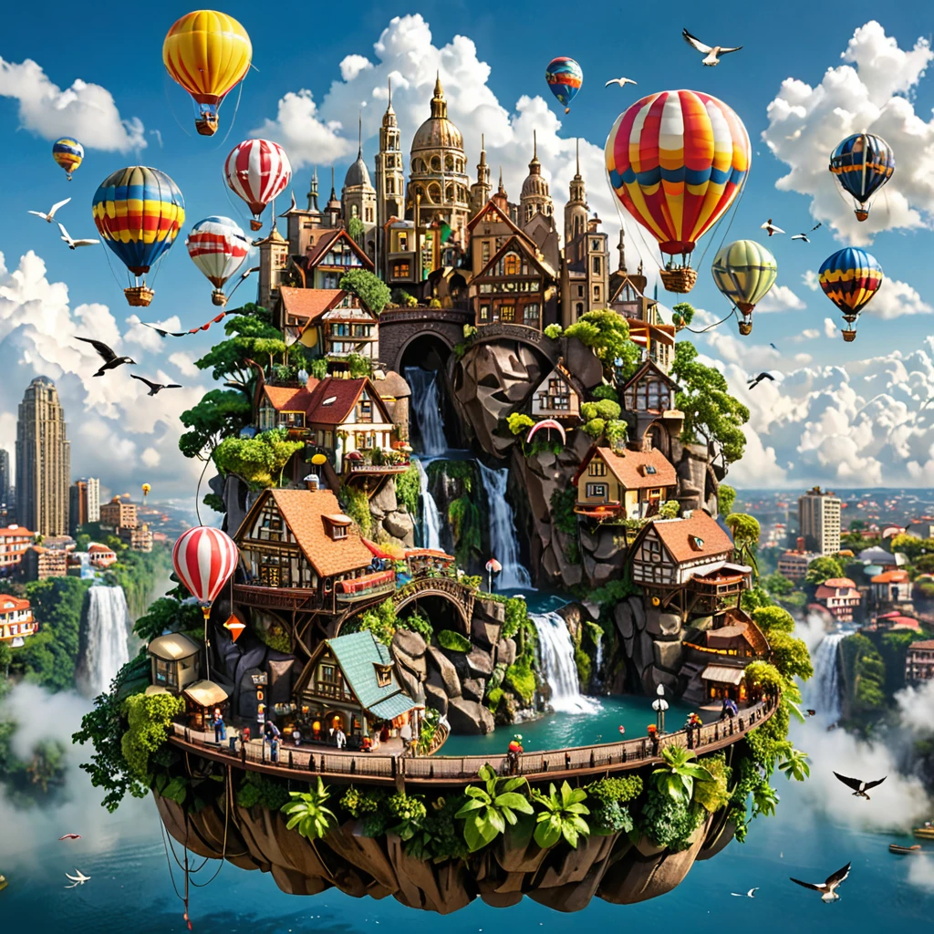 tilt-shift photography,(masterpiece, top quality, best quality),(ultra-detailed, absolutely resolution),((16k, high res)). (city in the sky. The city should be built on floating islands connected by bridges, featuring buildings that range from modern skyscrapers to whimsical, fantasy-inspired architecture. Include lush greenery and waterfalls cascading from the islands into the clouds below. The sky should be clear blue with fluffy white clouds surrounding the city. Add colorful hot air balloons floating in the sky, people walking across the bridges, airships docked at platforms, and birds flying around. The overall atmosphere should be bright, serene, and magical, capturing the vibrancy and wonder of an aerial cityscape)
