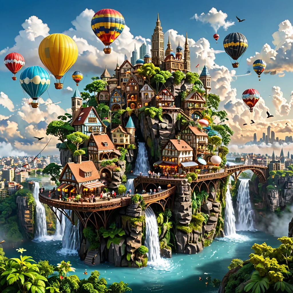 tilt-shift photography,(masterpiece, top quality, best quality),(ultra-detailed, absolutely resolution),((16k, high res)). (city in the sky. The city should be built on floating islands connected by bridges, featuring buildings that range from modern skyscrapers to whimsical, fantasy-inspired architecture. Include lush greenery and waterfalls cascading from the islands into the clouds below. The sky should be clear blue with fluffy white clouds surrounding the city. Add colorful hot air balloons floating in the sky, people walking across the bridges, airships docked at platforms, and birds flying around. The overall atmosphere should be bright, serene, and magical, capturing the vibrancy and wonder of an aerial cityscape)