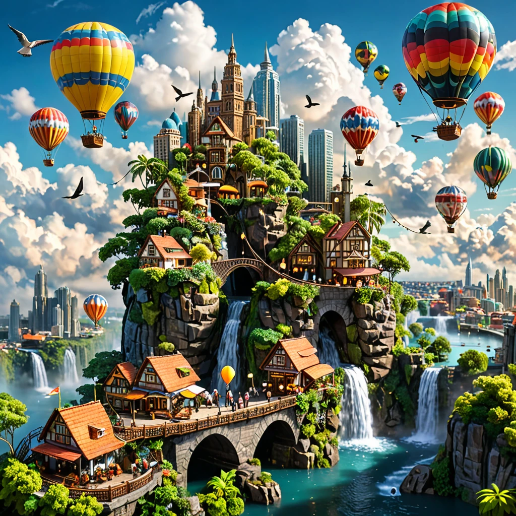 tilt-shift photography,(masterpiece, top quality, best quality),(ultra-detailed, absolutely resolution),((16k, high res)). (city in the sky. The city should be built on floating islands connected by bridges, featuring buildings that range from modern skyscrapers to whimsical, fantasy-inspired architecture. Include lush greenery and waterfalls cascading from the islands into the clouds below. The sky should be clear blue with fluffy white clouds surrounding the city. Add colorful hot air balloons floating in the sky, people walking across the bridges, airships docked at platforms, and birds flying around. The overall atmosphere should be bright, serene, and magical, capturing the vibrancy and wonder of an aerial cityscape)