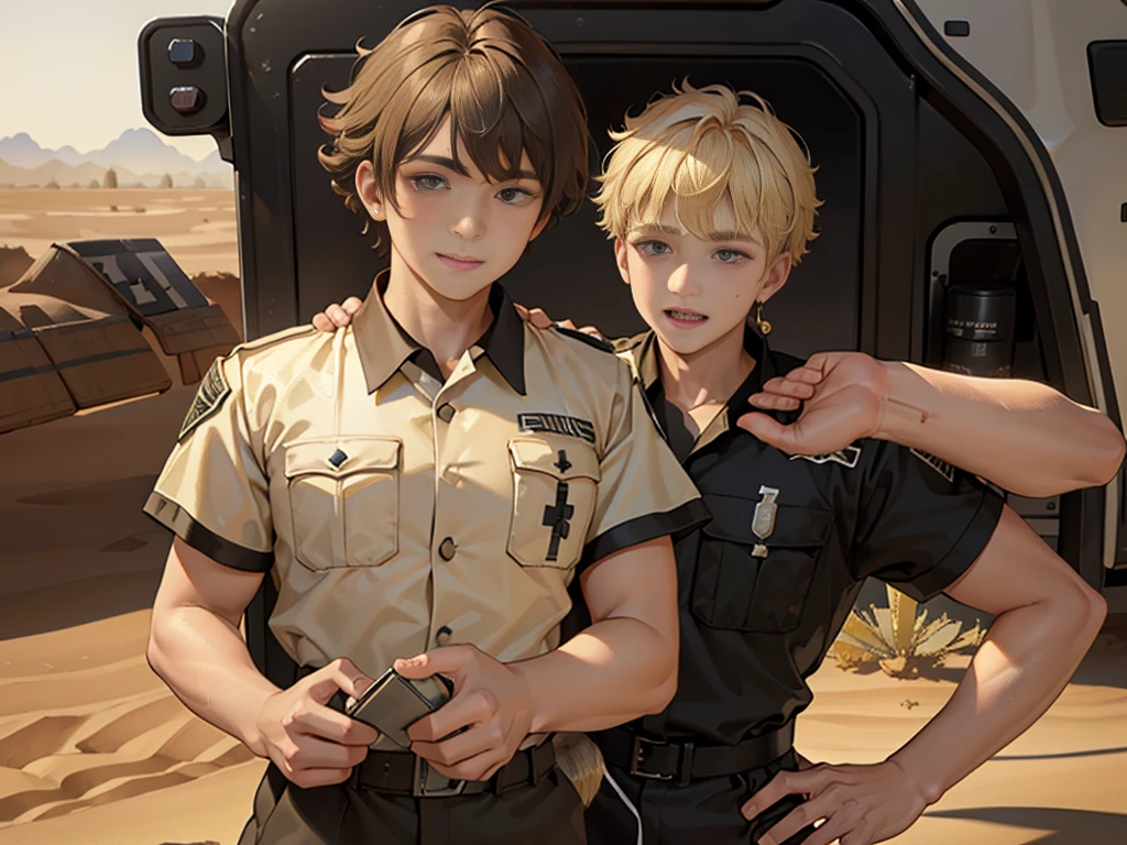 (masuter piece, best quality, very detailed), (fine face), 1 boy, 13 year old boy、standing、from the waist up、golden hair、curly hair、bangs、lots of bangs、brown Eyes、Slight smile、Plump、t-shirt 、Game graphics、Ilya Repin , (in desert:1.5) , (ambulance:1.5)