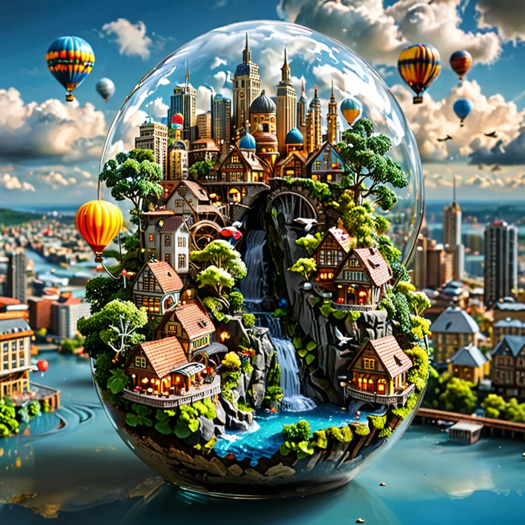 tilt-shift photography,(masterpiece, top quality, best quality),(ultra-detailed, absolutely resolution),((16k, high res)). (city in the sky. The city should be built on floating islands connected by bridges, featuring buildings that range from modern skyscrapers to whimsical, fantasy-inspired architecture. Include lush greenery and waterfalls cascading from the islands into the clouds below. The sky should be clear blue with fluffy white clouds surrounding the city. Add colorful hot air balloons floating in the sky, people walking across the bridges, airships docked at platforms, and birds flying around. The overall atmosphere should be bright, serene, and magical, capturing the vibrancy and wonder of an aerial cityscape)