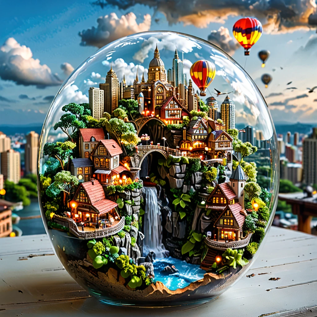 tilt-shift photography,(masterpiece, top quality, best quality),(ultra-detailed, absolutely resolution),((16k, high res)). (city in the sky. The city should be built on floating islands connected by bridges, featuring buildings that range from modern skyscrapers to whimsical, fantasy-inspired architecture. Include lush greenery and waterfalls cascading from the islands into the clouds below. The sky should be clear blue with fluffy white clouds surrounding the city. Add colorful hot air balloons floating in the sky, people walking across the bridges, airships docked at platforms, and birds flying around. The overall atmosphere should be bright, serene, and magical, capturing the vibrancy and wonder of an aerial cityscape)