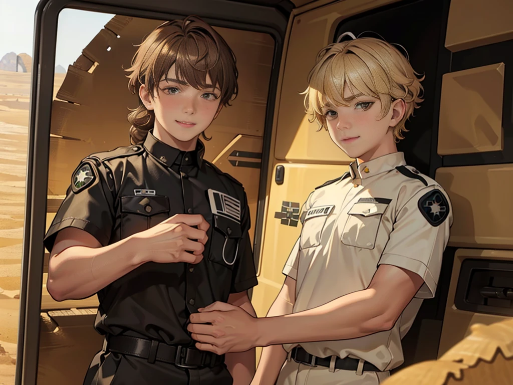 (masuter piece, best quality, very detailed), (fine face), 1 boy, 13 year old boy、standing、from the waist up、golden hair、curly hair、bangs、lots of bangs、brown Eyes、Slight smile、Plump、t-shirt 、Game graphics、Ilya Repin , (in desert:1.5) , (ambulance:1.5)